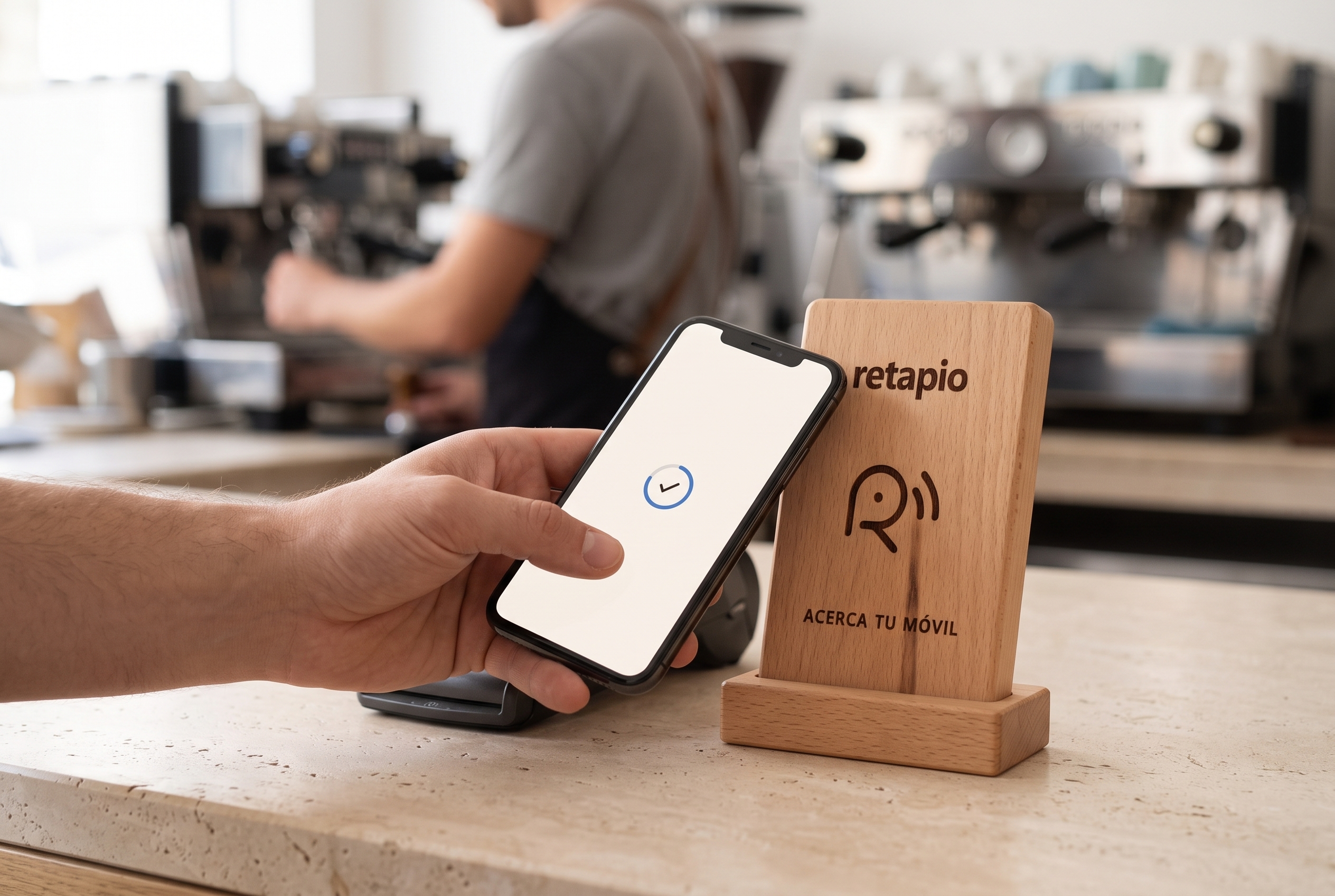 Cliente usando Retapio con su móvil en la barra de una cafetería