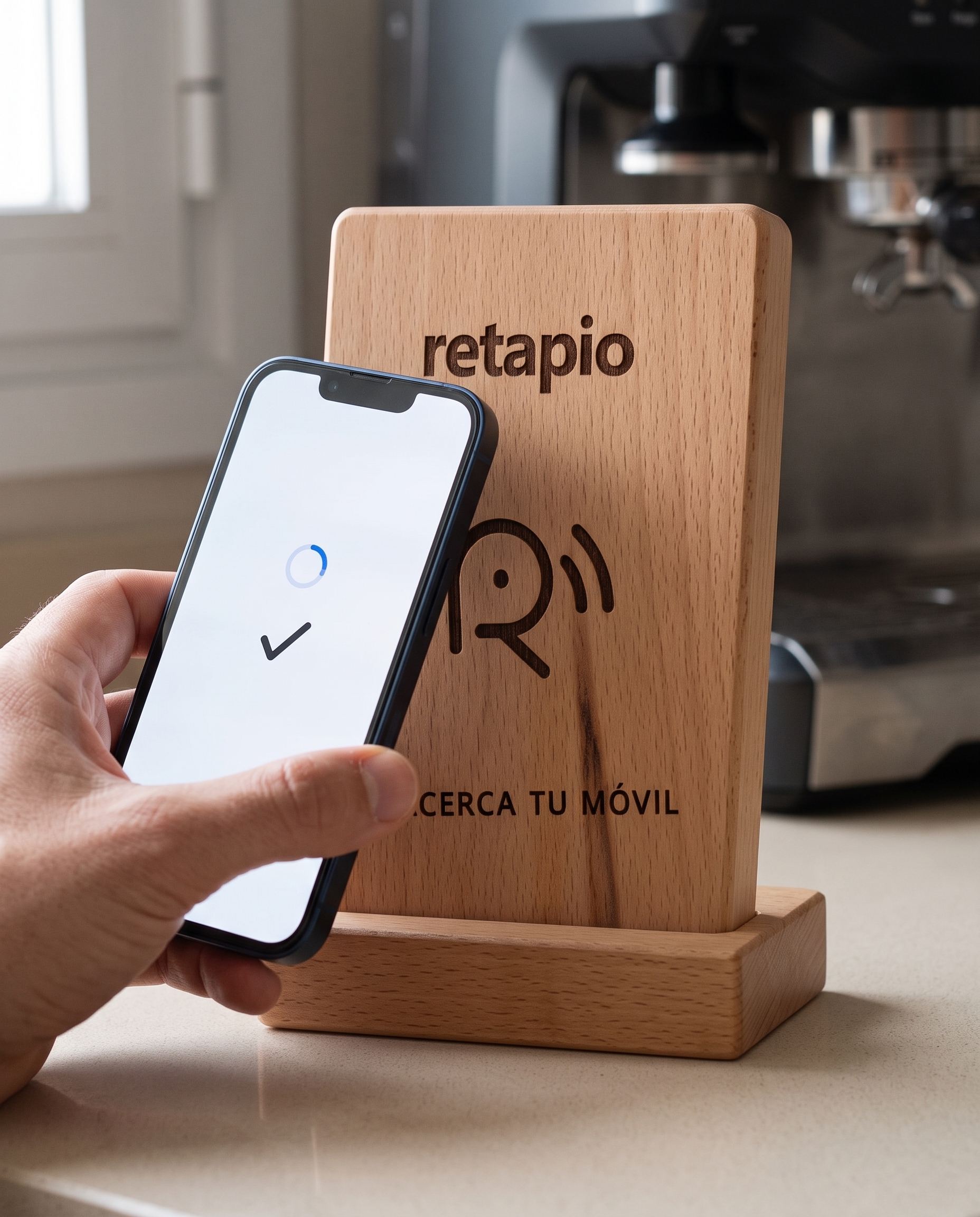 Primer plano de un móvil leyendo el punto NFC seguro de Retapio