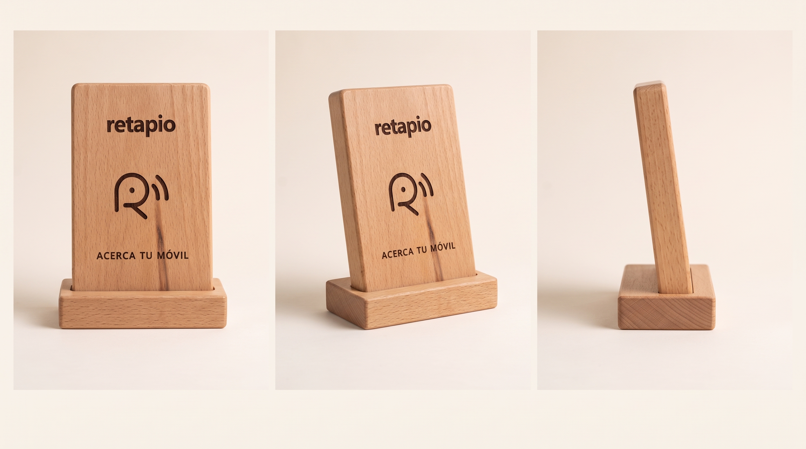 Vistas frontal, lateral y en perspectiva del punto Retapio de madera
